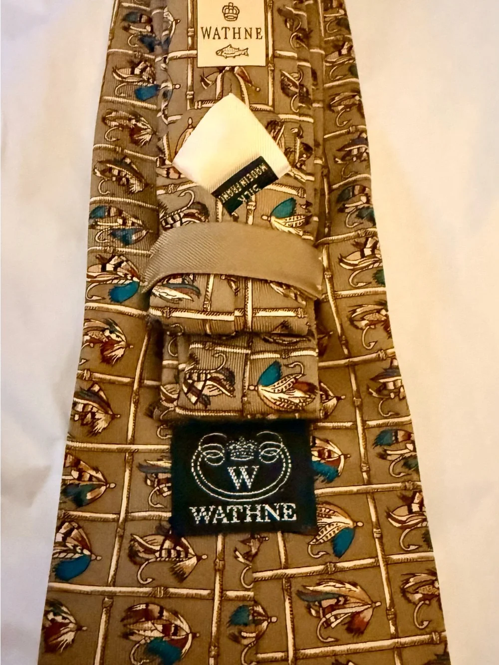 Classic Wathne Silk Tie with Blue and Red Fly Fishing Accents